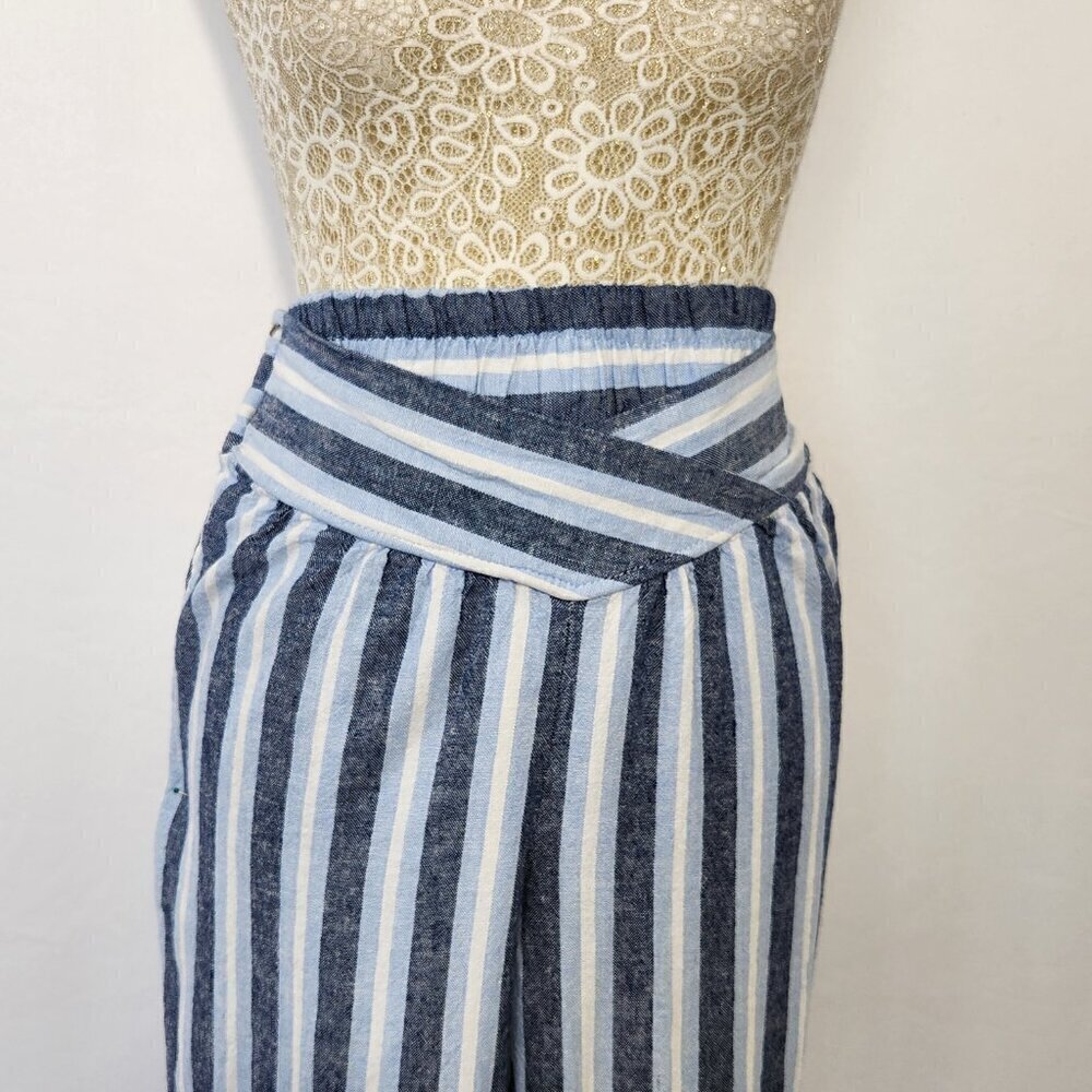 Indigo Rein Women’s SZ M Blue Stripe Linen Blend Pull On V-Waist Joggers Beach - Picture 3 of 16